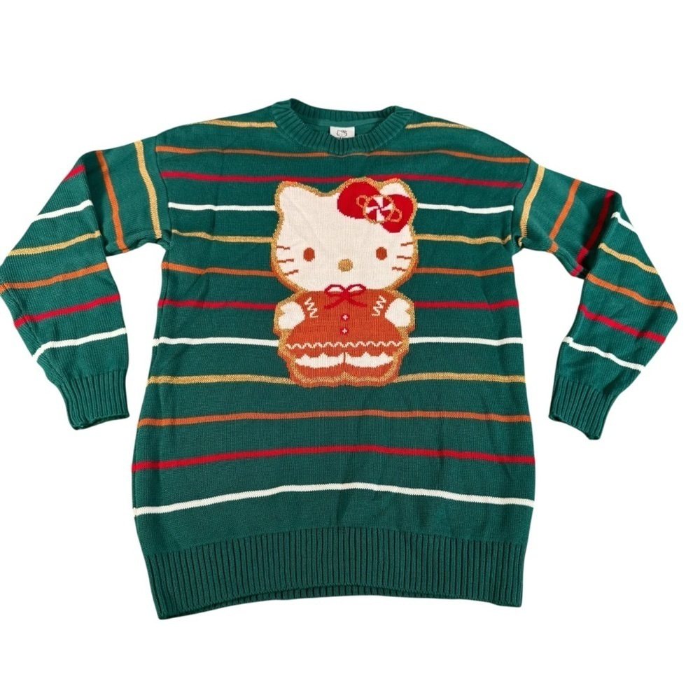 Hello Kitty Gingerbread Sweater Girls L Green Christmas Holiday Sanrio NWT